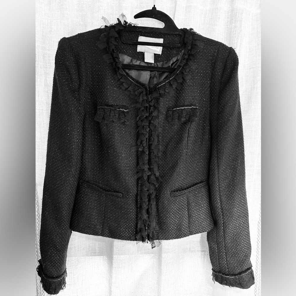 Black Tweed Cropped Jacket w/ Sheer Lace Trim | Size L